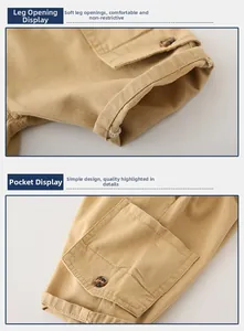 Detail of khaki cotton cargo shorts featuring ribbed cuffs and amber button pocket