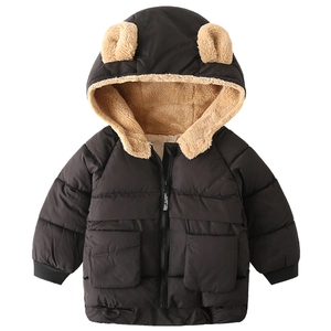 Thick black kids hooded jacket with fleece lining and cute bear ears on the hood
