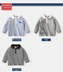 Detailed grid of long-sleeve boys' polo shirts featuring stripes and dinosaur patterns