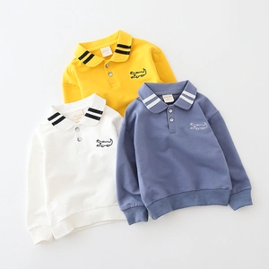 Toddler boys long sleeve polo sweatshirts in white yellow and blue with crocodile embroidery