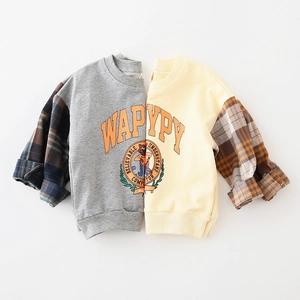 Kids casual patchwork sweatshirts in grey and yellow with stylish plaid sleeves
