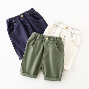 Boys Casual Cotton Blend Shorts Summer Kids Contrast Stitching Fashion Bottoms Solid Color Elastic Waist Soft Breathable Pants