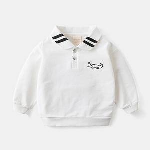 Toddler boy white long sleeve polo sweatshirt with embroidered crocodile and striped collar