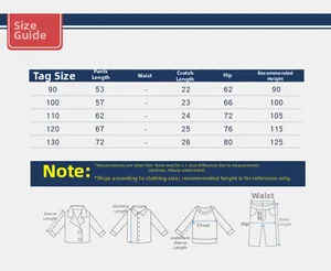 Size chart for boys' jeans showing length and hip measurements for 90-130cm height