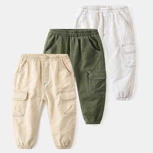 Boys Cargo Pants Cotton Blend Casual Trousers With Contrast Stitching Multi Pockets Elastic Waist Kids Fashion Spring Autumn Pants