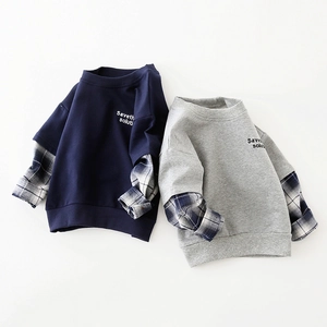Boy's faux two-piece sweatshirt in navy and grey with plaid sleeves and embroidery