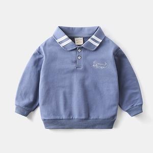 Blue-gray boys casual sweatshirt with a white striped polo collar and crocodile embroidery