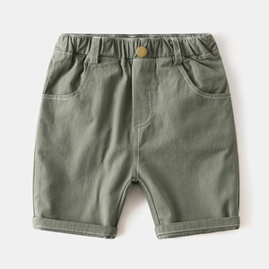 Olive green boys cotton shorts with elastic waist and contrast stitching detail