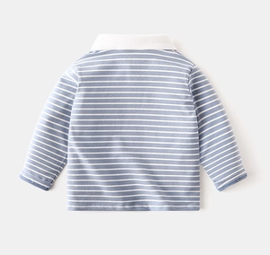 Back view of a classic blue and white striped long sleeve cotton polo shirt for kids