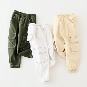 Kids cargo pants with elastic waist and side pockets in army green, white and beige colors