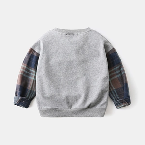 Kids long sleeve sweatshirt with gray body and colorful plaid pattern spliced sleeves