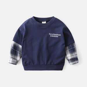 Kids navy blue sweatshirt with black and white checkered sleeves and white graphic print