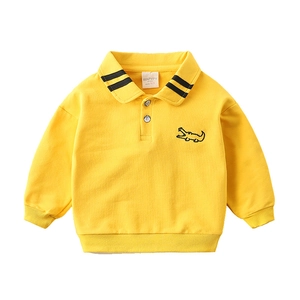 Yellow kids' long-sleeve polo sweatshirt with black striped collar and crocodile embroidery