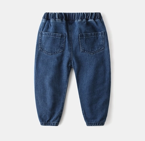 Detail view of boys denim joggers with elastic waistband and square back pockets