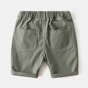 Army green kids cotton shorts with elastic waistband and back pockets for summer wear
