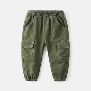 Kids army green cargo pants with contrast white stitching and multiple pockets