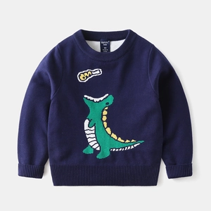 Boys navy blue knitted sweater with green cartoon dinosaur pattern and crew neck