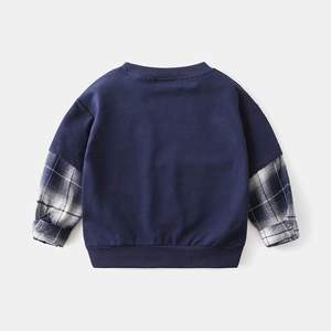 Boys fake two-piece sweatshirt in navy with blue plaid sleeves and a ribbed crewneck