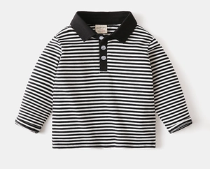 Detail of children striped polo shirt collar with three buttons and brand size label