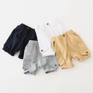 Boys' cotton cargo shorts in four colors with elastic waist and large utility pockets
