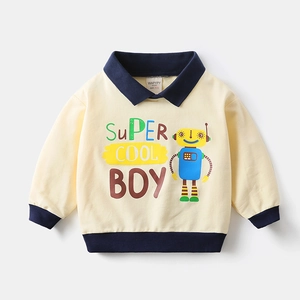 Kids' cream polo sweatshirt with navy collar and cartoon robot print for casual wear