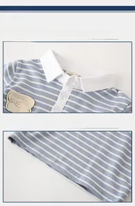 Detail of baby striped polo shirt featuring white collar and embroidered patch