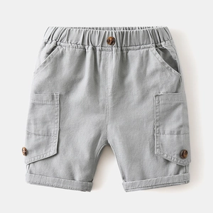 Light gray cotton casual shorts for boys featuring elastic waist and cargo side pockets
