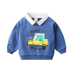 Blue kids' cotton sweatshirt with polo collar and crocodile driving off-road car print