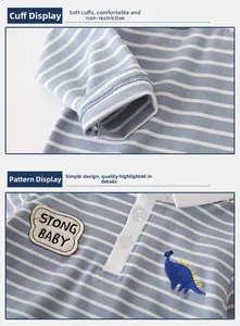 Detail of baby polo shirt with dinosaur embroidery and striped knitted fabric
