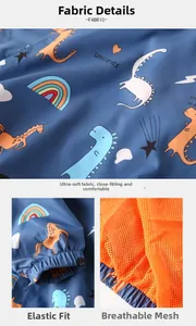 Detail of blue dinosaur print kids jacket with elastic cuffs and orange mesh lining