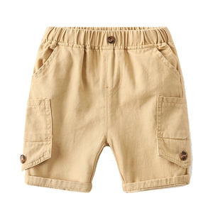 Casual khaki cargo shorts for boys with elastic waist and large side flap pockets