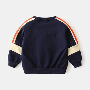 Kids long sleeve crewneck sweatshirt with blue body and striped patchwork sleeves