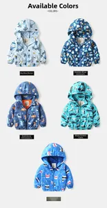 Collage of five kids' lightweight hooded windbreakers with diverse graphic prints