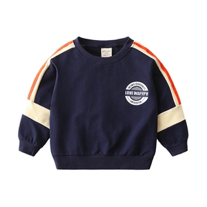 Kids navy blue crewneck sweatshirt with orange contrast stripes and vintage chest print