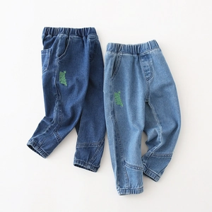 Boys Casual Washed Denim Jeans Embroidered Letter Elastic Waist Cuffed Pants Soft Cotton Everyday Trousers For Kids