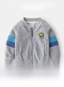Detail of baby zip-up hoodie featuring a yellow lion embroidery and striped sleeves