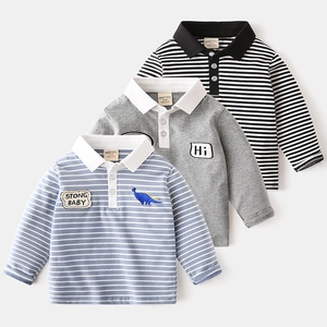 Boys Casual Long Sleeve Striped Polo Shirt Soft Cotton Blend Dinosaur Embroidery Toddler Lapel Top For Spring Autumn
