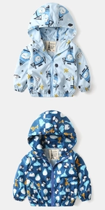 Detail of kids hooded jackets with rocket and animal prints, zip closure and mesh lining