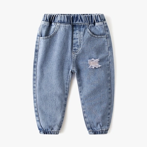 Jeans en Denim Usé pour Garçons Style Coréen Pantalon en Coton Lavé Bleu Clair Avec Taille Élastique pour Enfants