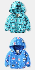 Detail of kids hooded windbreakers with mesh lining and cute cartoon prints