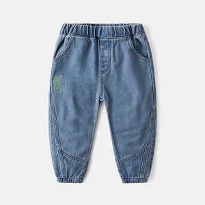 Boys mid-blue washed denim joggers with elastic waist and green letter embroidery