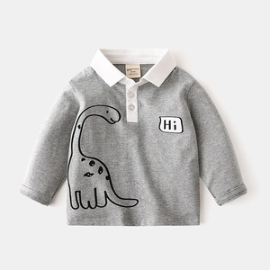 Kids long sleeve grey cotton polo shirt with cute dinosaur print and white collar