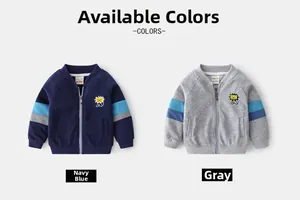 Detail of kids zip-up jackets in navy and grey with yellow lion embroidery and ribbed cuffs