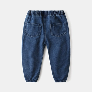 Boys elastic waist jogger jeans with letter embroidery and faded denim wash finish