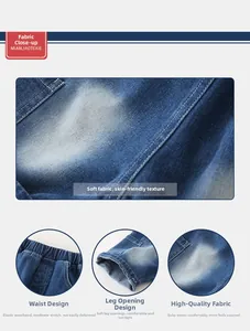 Detailed view of dark blue boys denim shorts with elastic waistband and soft cotton fabric