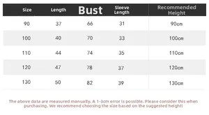 Detailed size chart for kids zip-up cardigan showing measurements for heights 90cm to 130cm