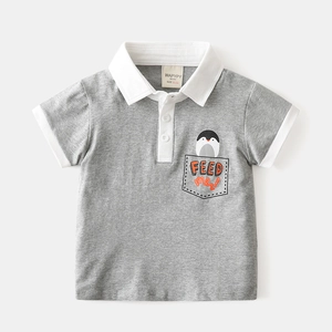 Grey cotton boys polo shirt with white collar and cute penguin pocket print