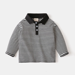 Classic kids black and white striped long sleeve polo shirt with black collar and buttons