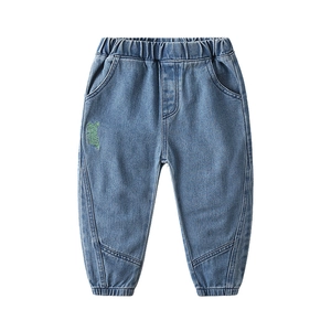 Boys mid-blue washed jeans with green letter embroidery and elastic waist