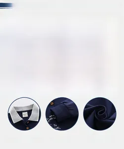 Dettaglio felpa polo in cotone blu scuro con polsini a costine e colletto grigio a contrasto